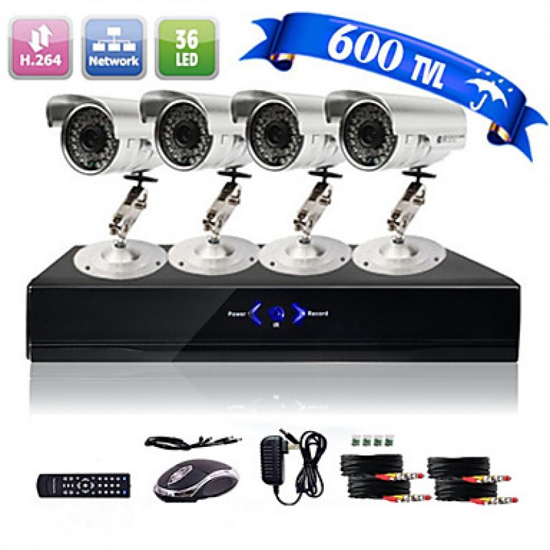 Ultra Low Price 4CH CCTV DVR Kit (4 Outdoor Waterproof 600TVL Color Cameras)  