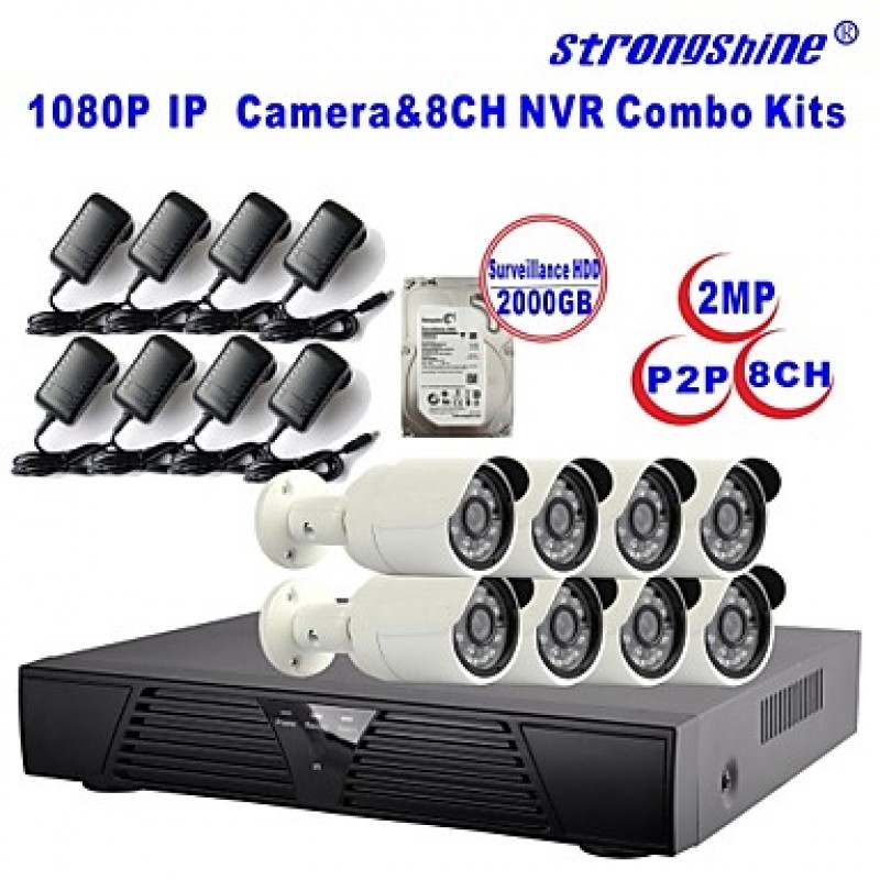 Camera with 1080P/Infrared/Waterproof and 8CH  H.264 NVR/2TB Surveillance HDD Combo Kits  